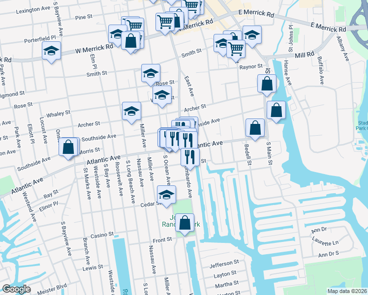map of restaurants, bars, coffee shops, grocery stores, and more near Atlantic Ave & Guy Lombardo Ave in Freeport