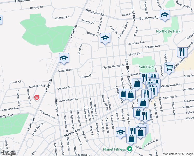 map of restaurants, bars, coffee shops, grocery stores, and more near 1051 Decatur Street in Bethlehem