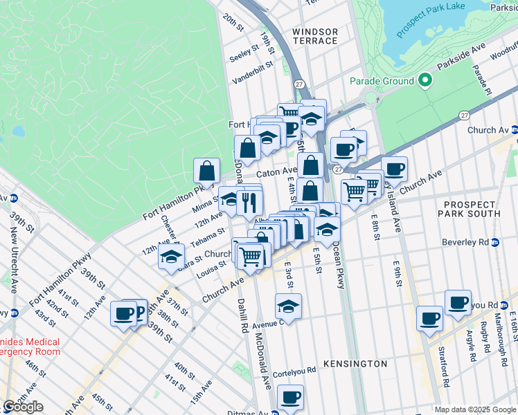 map of restaurants, bars, coffee shops, grocery stores, and more near 205 Albemarle Road in Brooklyn