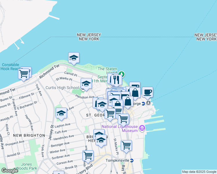 map of restaurants, bars, coffee shops, grocery stores, and more near 160 Richmond Terrace in Staten Island