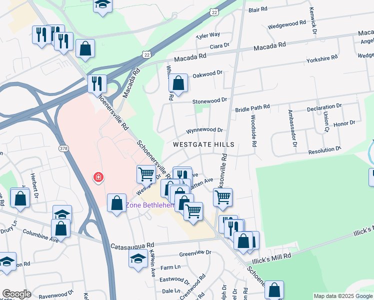 map of restaurants, bars, coffee shops, grocery stores, and more near 1429 Roselawn Drive in Bethlehem
