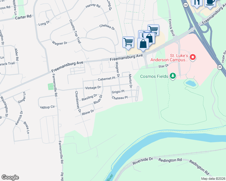 map of restaurants, bars, coffee shops, grocery stores, and more near 1813 Chateau Place in Easton