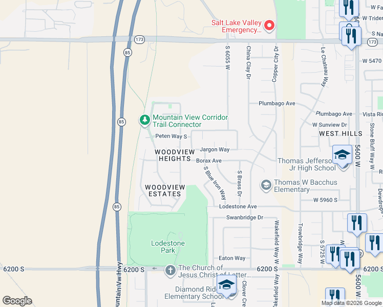 map of restaurants, bars, coffee shops, grocery stores, and more near 6179 West Jargon Circle in West Valley City