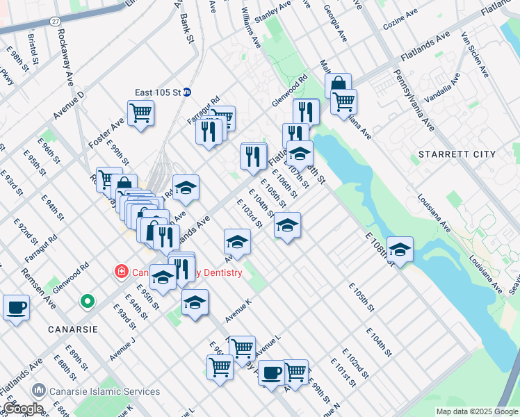 map of restaurants, bars, coffee shops, grocery stores, and more near 967 East 103rd Street in Brooklyn