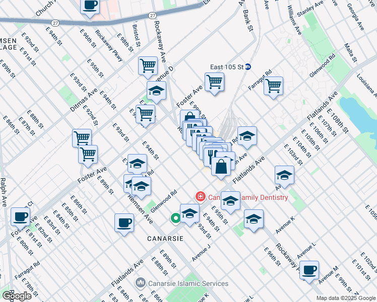 map of restaurants, bars, coffee shops, grocery stores, and more near 1041 East 96th Street in Brooklyn
