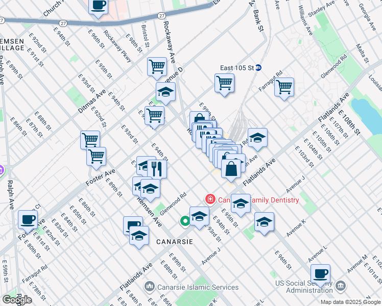 map of restaurants, bars, coffee shops, grocery stores, and more near 1017 East 95th Street in Brooklyn