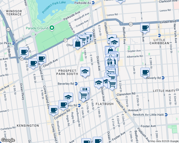 map of restaurants, bars, coffee shops, grocery stores, and more near 229 East 18th Street in Brooklyn