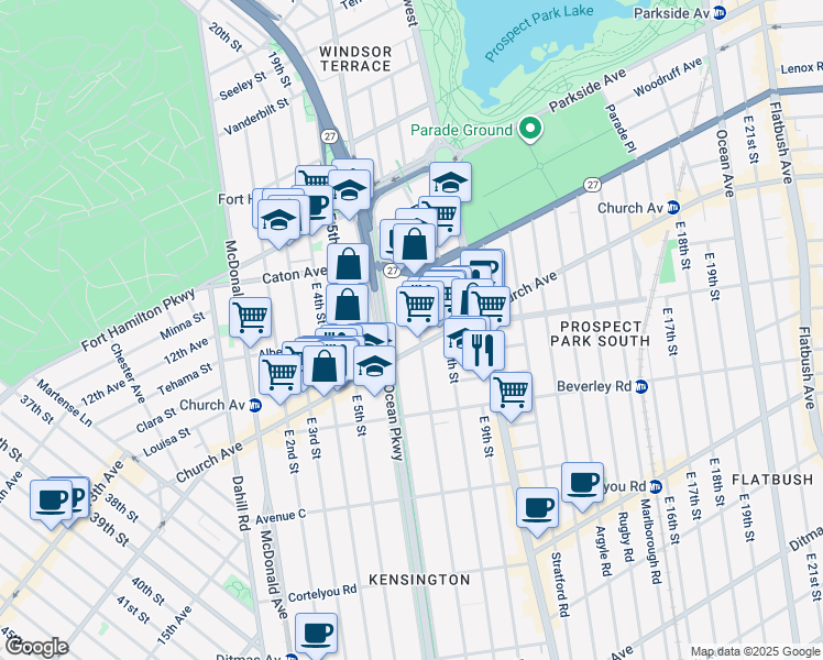 map of restaurants, bars, coffee shops, grocery stores, and more near 201 Ocean Parkway Service Road in Brooklyn
