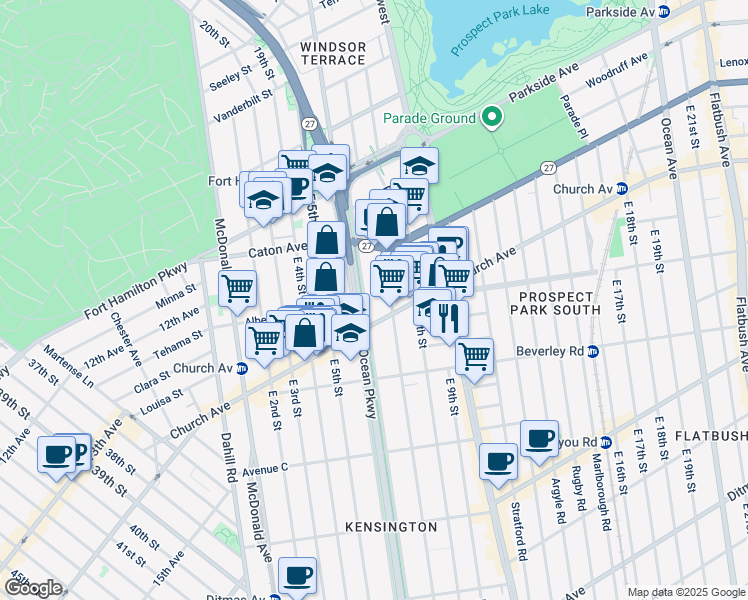 map of restaurants, bars, coffee shops, grocery stores, and more near 201 Ocean Parkway Service Road in Brooklyn