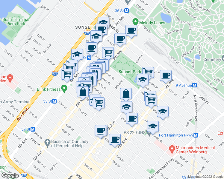 map of restaurants, bars, coffee shops, grocery stores, and more near 572 47th Street in Brooklyn
