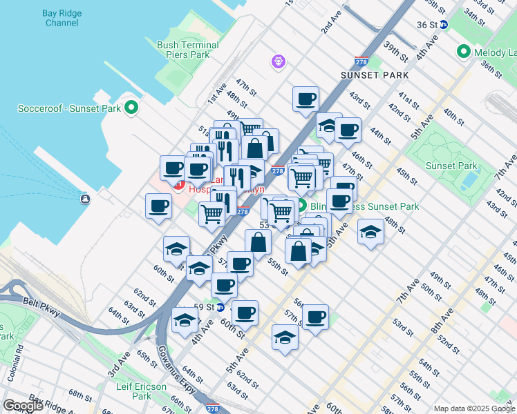 map of restaurants, bars, coffee shops, grocery stores, and more near 324 53rd Street in Brooklyn