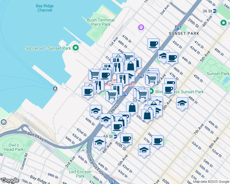map of restaurants, bars, coffee shops, grocery stores, and more near 5406 3rd Avenue in Brooklyn