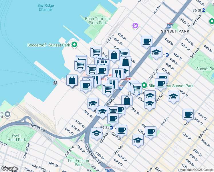map of restaurants, bars, coffee shops, grocery stores, and more near 238 55th Street in Brooklyn