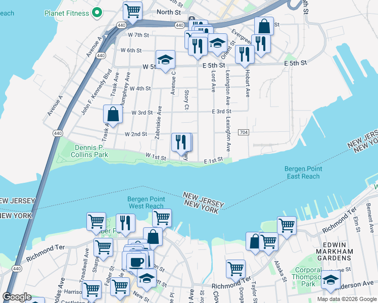 map of restaurants, bars, coffee shops, grocery stores, and more near 5 West 1st Street in Bayonne