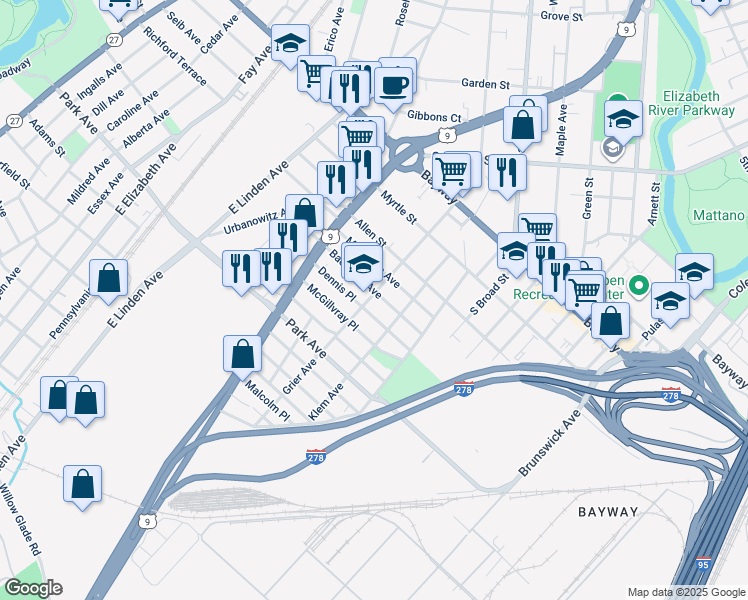 map of restaurants, bars, coffee shops, grocery stores, and more near 802 Dennis Place in Linden