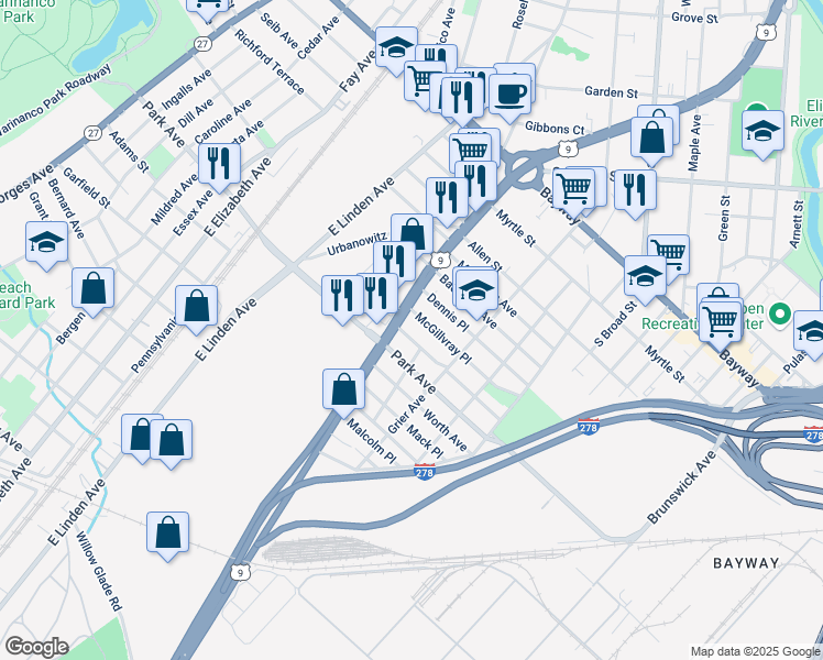 map of restaurants, bars, coffee shops, grocery stores, and more near 2000 East Edgar Road in Linden