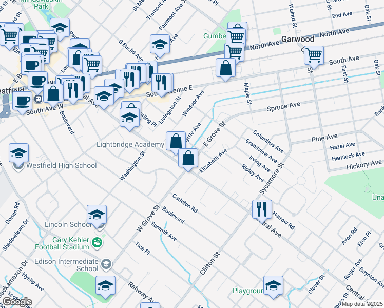 map of restaurants, bars, coffee shops, grocery stores, and more near 773 Central Avenue in Westfield