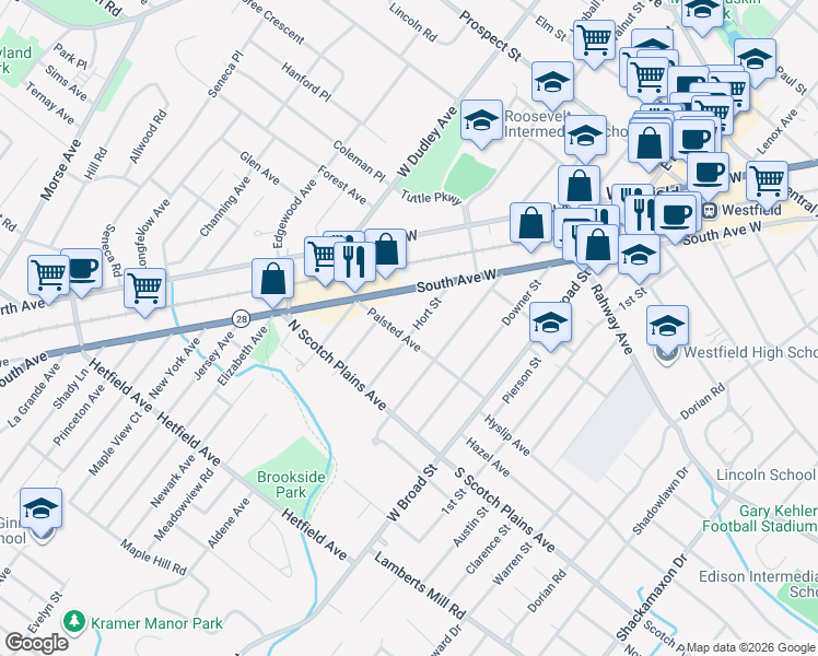 map of restaurants, bars, coffee shops, grocery stores, and more near 301 Palsted Avenue in Westfield