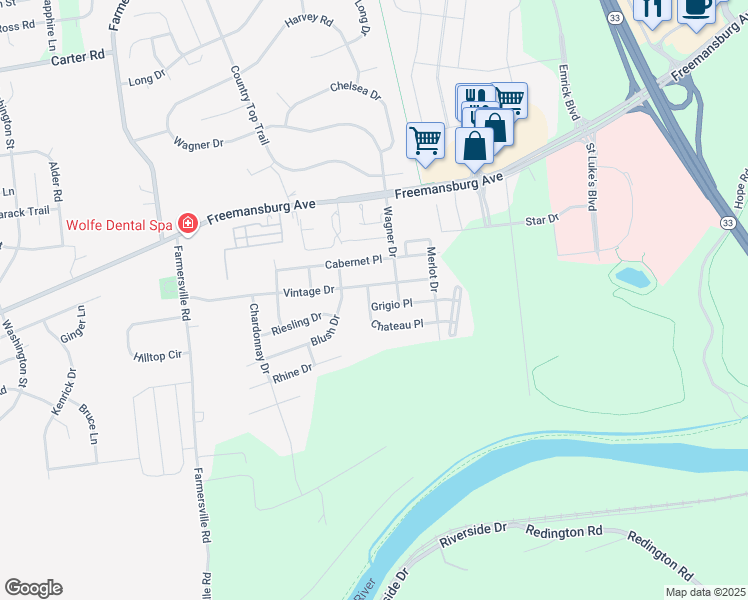 map of restaurants, bars, coffee shops, grocery stores, and more near 1813 Chateau Place in Easton