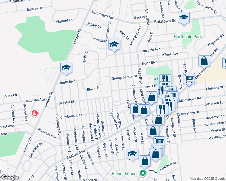 map of restaurants, bars, coffee shops, grocery stores, and more near 1125 Decatur Street in Bethlehem
