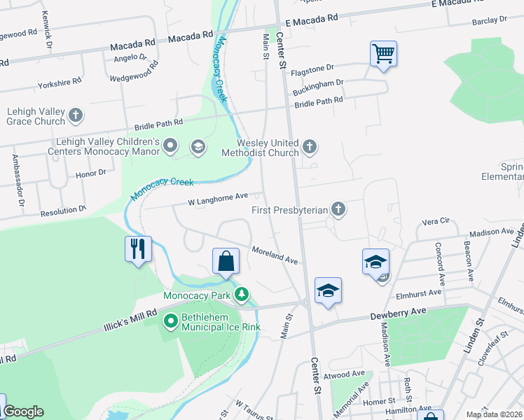 map of restaurants, bars, coffee shops, grocery stores, and more near 132 Wharton Lane in Bethlehem