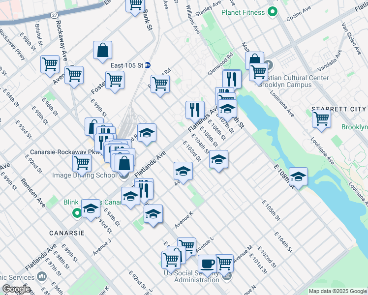 map of restaurants, bars, coffee shops, grocery stores, and more near 935 East 102nd Street in Brooklyn