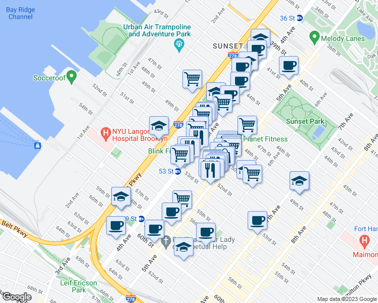 map of restaurants, bars, coffee shops, grocery stores, and more near 5108 4th Avenue in Brooklyn