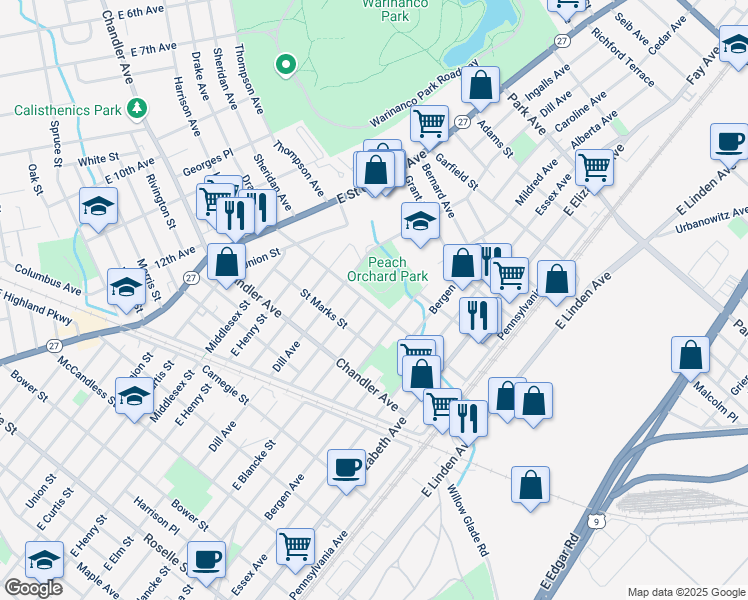 map of restaurants, bars, coffee shops, grocery stores, and more near 506 Cranford Avenue in Linden