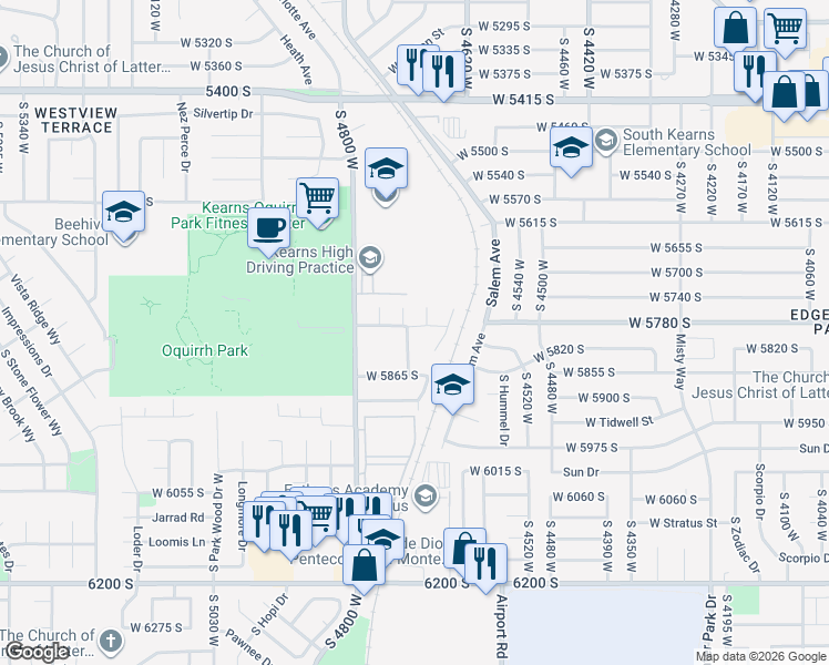 map of restaurants, bars, coffee shops, grocery stores, and more near 5818 Bramblewood Lane in Kearns