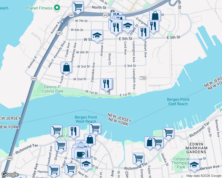 map of restaurants, bars, coffee shops, grocery stores, and more near 5 West 1st Street in Bayonne