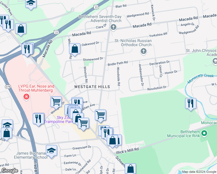 map of restaurants, bars, coffee shops, grocery stores, and more near 2605 Oakside Circle in Bethlehem