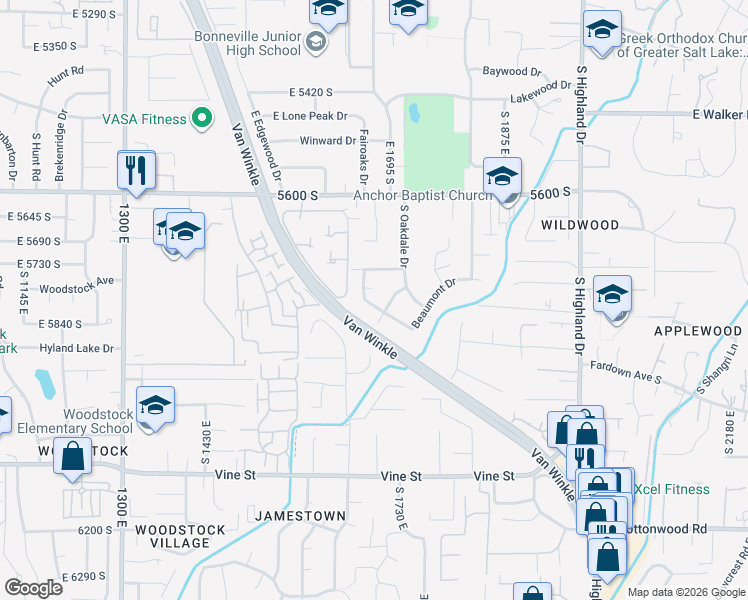 map of restaurants, bars, coffee shops, grocery stores, and more near 5795 South Minden Drive in Holladay