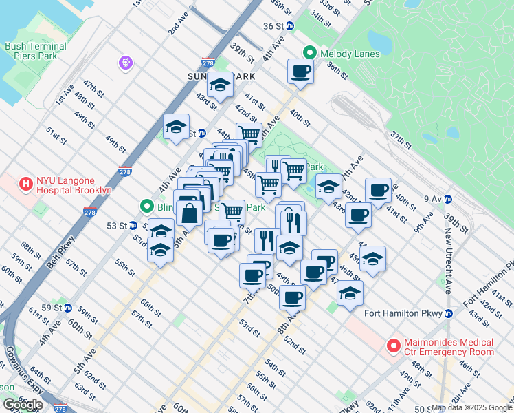 map of restaurants, bars, coffee shops, grocery stores, and more near 614 46th Street in Brooklyn
