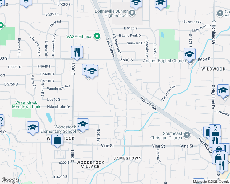 map of restaurants, bars, coffee shops, grocery stores, and more near 5809 Waterbury Drive in Murray