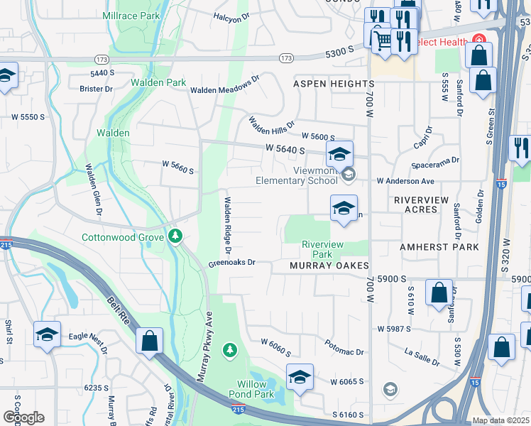 map of restaurants, bars, coffee shops, grocery stores, and more near 921 Bloomsbury Cove in Murray