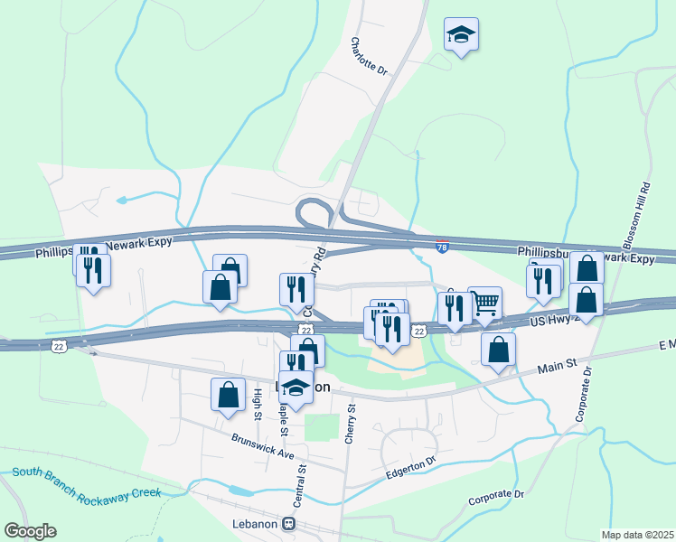 map of restaurants, bars, coffee shops, grocery stores, and more near 300 Corporate Drive in Lebanon