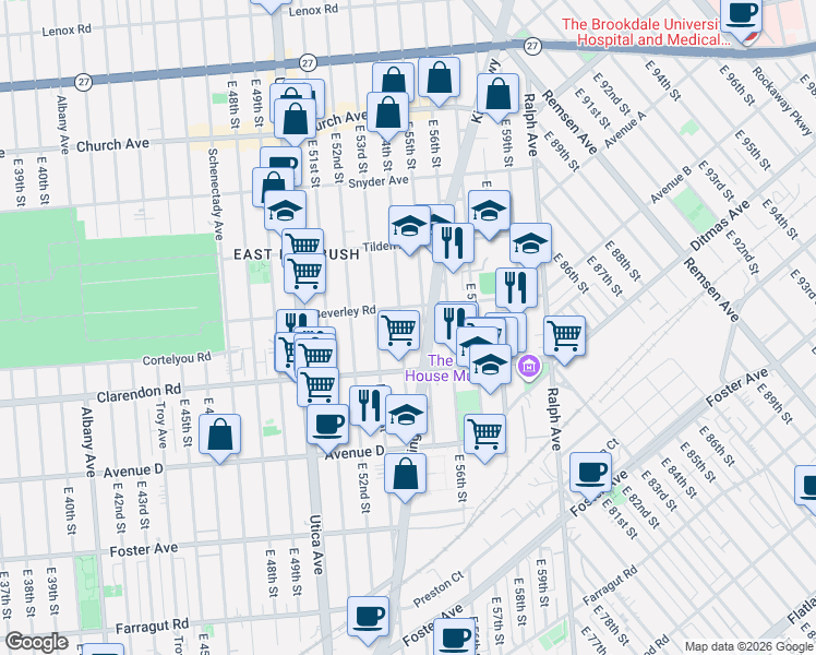 map of restaurants, bars, coffee shops, grocery stores, and more near 532 East 54th Street in Brooklyn