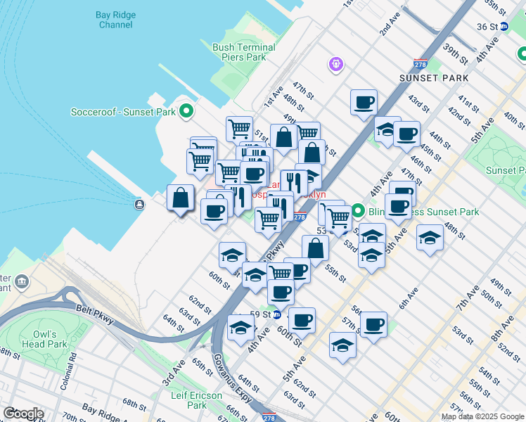 map of restaurants, bars, coffee shops, grocery stores, and more near 238 55th Street in Brooklyn