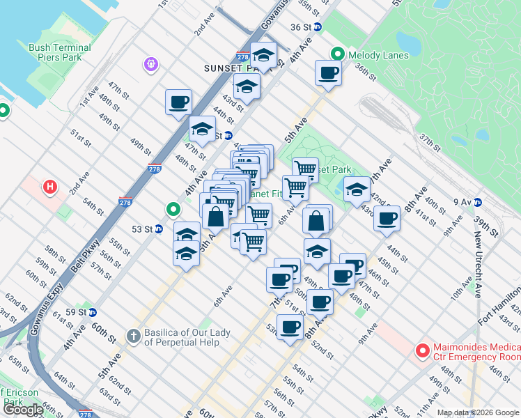 map of restaurants, bars, coffee shops, grocery stores, and more near in Brooklyn