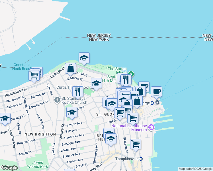 map of restaurants, bars, coffee shops, grocery stores, and more near 165 Saint Marks Place in Staten Island