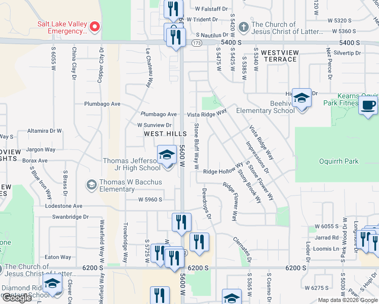 map of restaurants, bars, coffee shops, grocery stores, and more near 5581 Rock Rose Circle in Salt Lake City