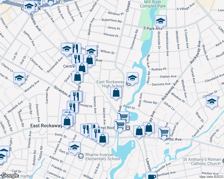 map of restaurants, bars, coffee shops, grocery stores, and more near 16 Union Street in East Rockaway