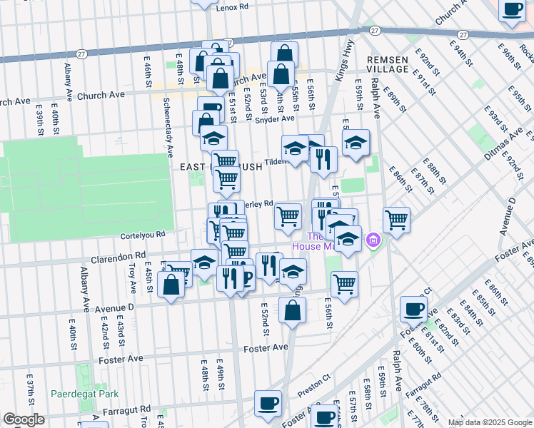 map of restaurants, bars, coffee shops, grocery stores, and more near 615 East 52nd Street in Brooklyn
