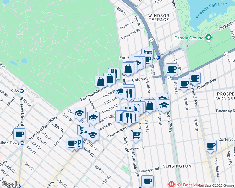 map of restaurants, bars, coffee shops, grocery stores, and more near 1725 12th Avenue in Brooklyn