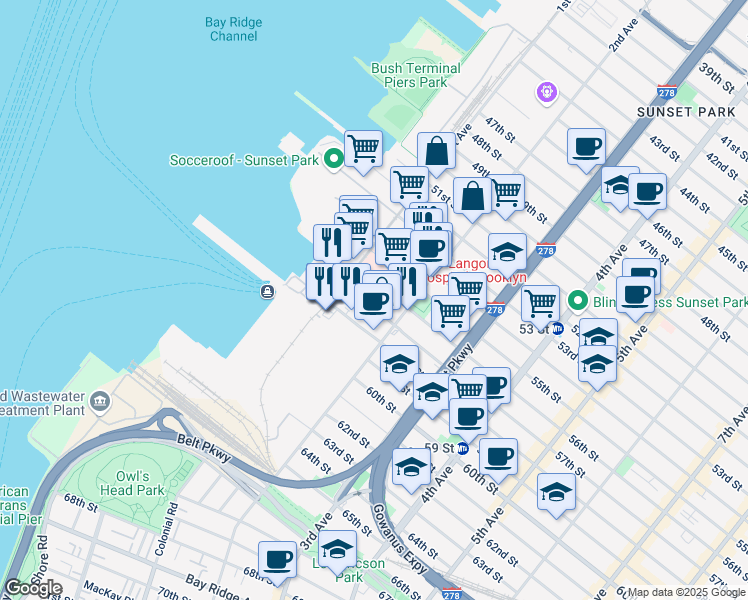 map of restaurants, bars, coffee shops, grocery stores, and more near 156 57th Street in Brooklyn