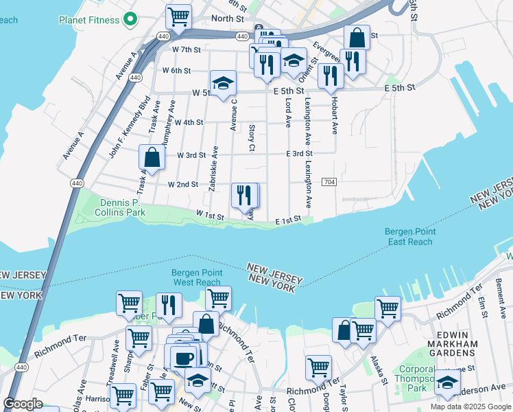 map of restaurants, bars, coffee shops, grocery stores, and more near 5 West 1st Street in Bayonne
