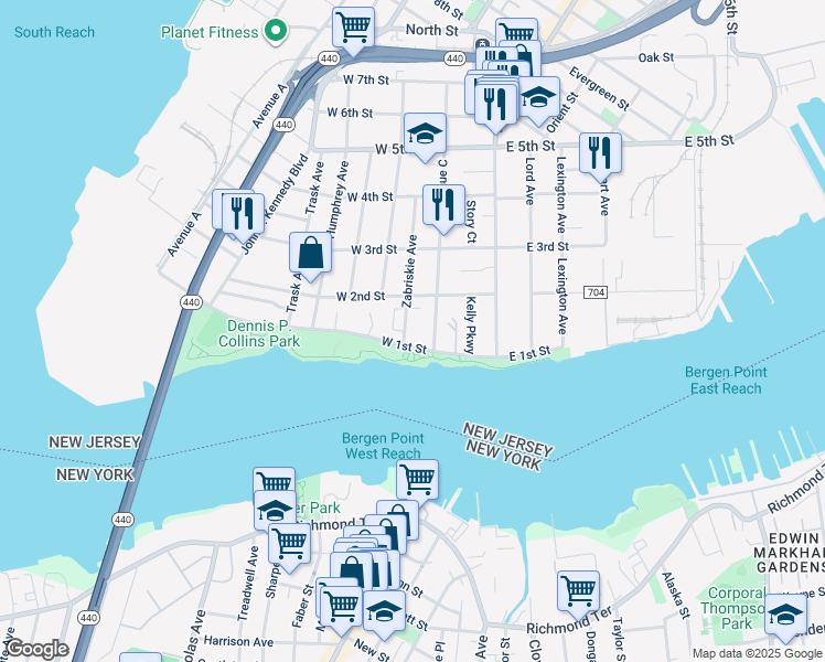 map of restaurants, bars, coffee shops, grocery stores, and more near 64 West 1st Street in Bayonne