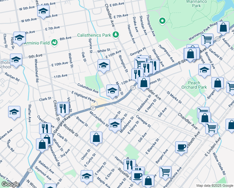 map of restaurants, bars, coffee shops, grocery stores, and more near 1101 East Saint Georges Avenue in Roselle