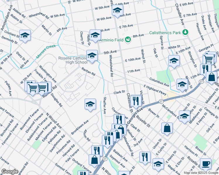 map of restaurants, bars, coffee shops, grocery stores, and more near 1226 Crescent Avenue in Roselle