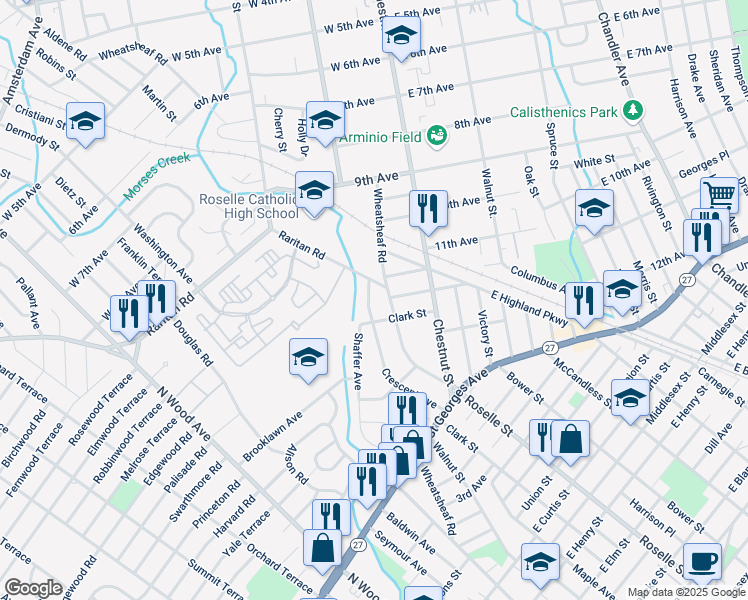 map of restaurants, bars, coffee shops, grocery stores, and more near 1226 Crescent Avenue in Roselle